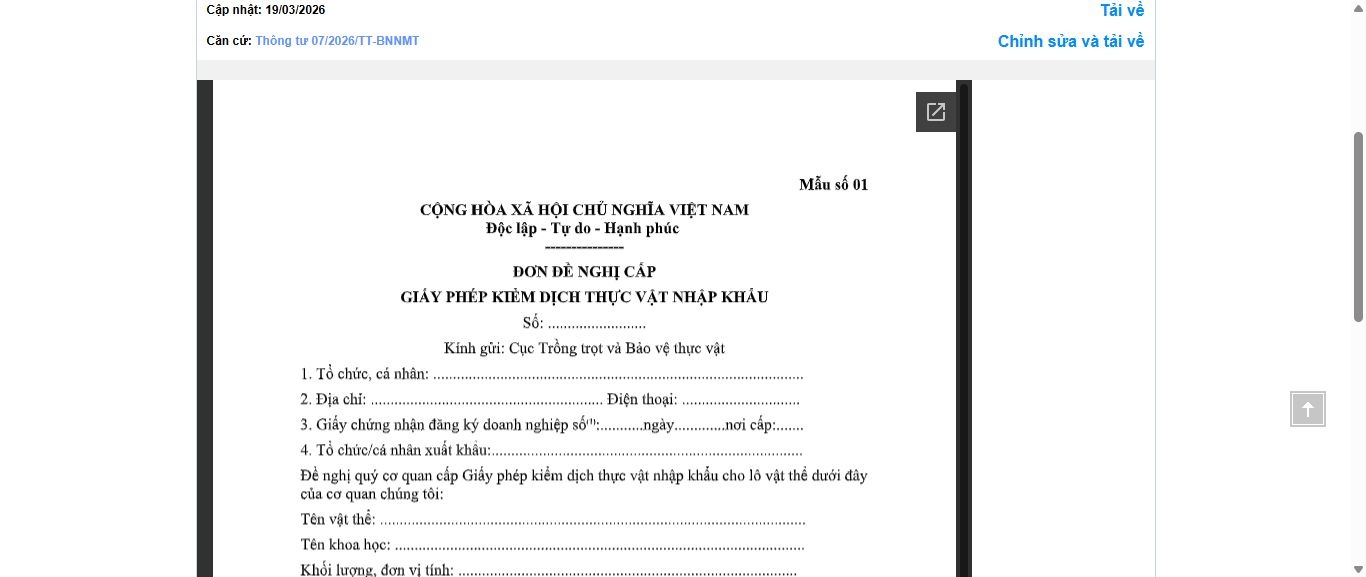 Hình ảnh xem trước Mẫu Đơn Đề Nghị Cấp Giấy Phép Kiểm Dịch Thực Vật Nhập Khẩu