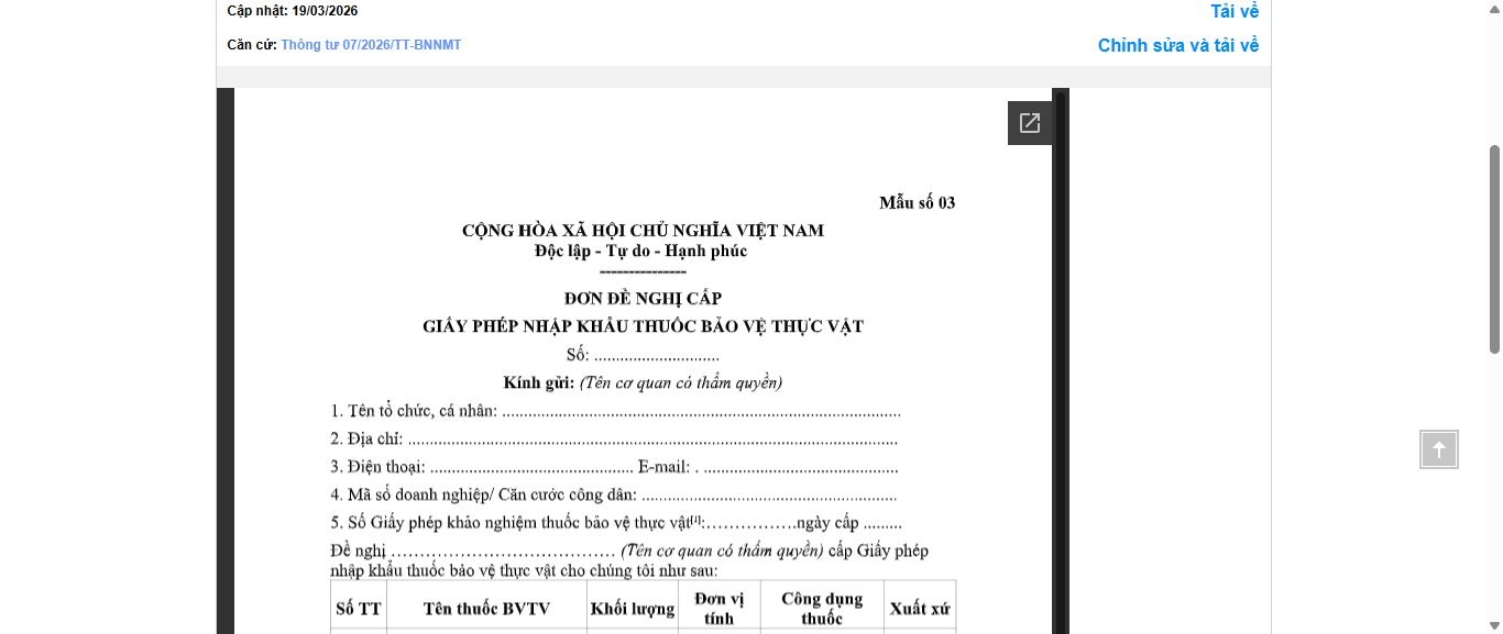 Hình ảnh xem trước Mẫu Đơn Đề Nghị Cấp Giấy Phép Nhập Khẩu Thuốc Bảo Vệ Thực Vật