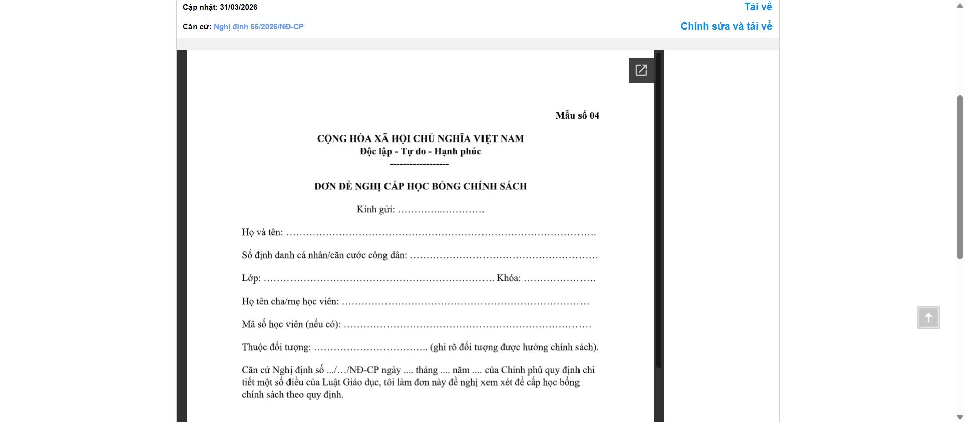 Hình ảnh xem trước Mẫu Đơn Đề Nghị Cấp Học Bổng Chính Sách