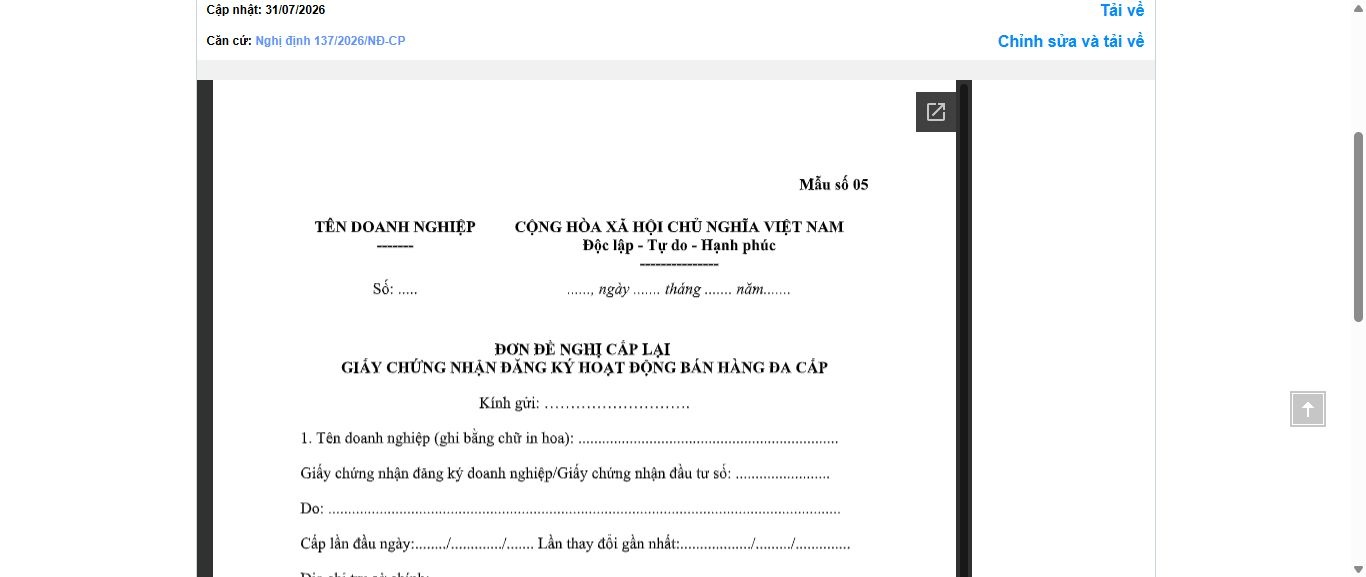 Hình ảnh xem trước Mẫu Đơn Đề Nghị Cấp Lại Giấy Chứng Nhận Đăng Ký Hoạt Động Bán Hàng Đa Cấp