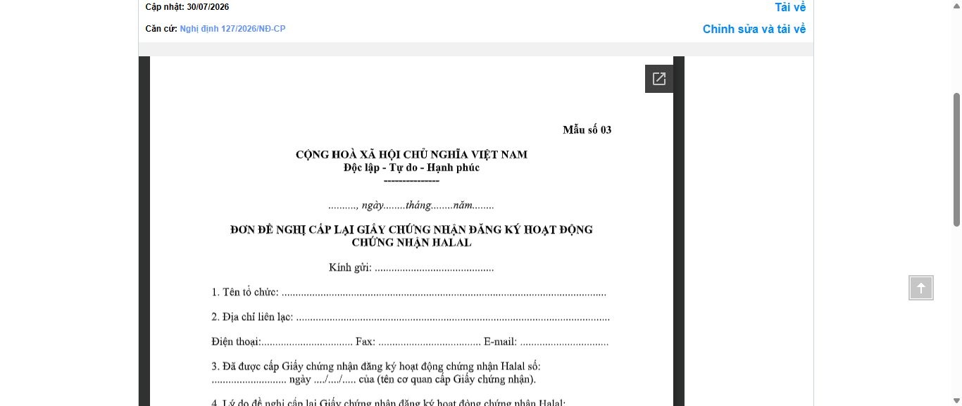 Hình ảnh xem trước Mẫu Đơn Đề Nghị Cấp Lại Giấy Chứng Nhận Đăng Ký Hoạt Động Chứng Nhận Halal