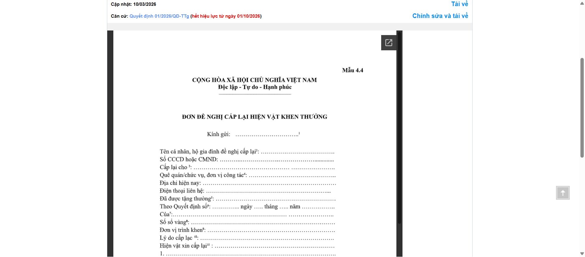 Hình ảnh xem trước Mẫu Đơn Đề Nghị Cấp Lại Hiện Vật Khen Thưởng