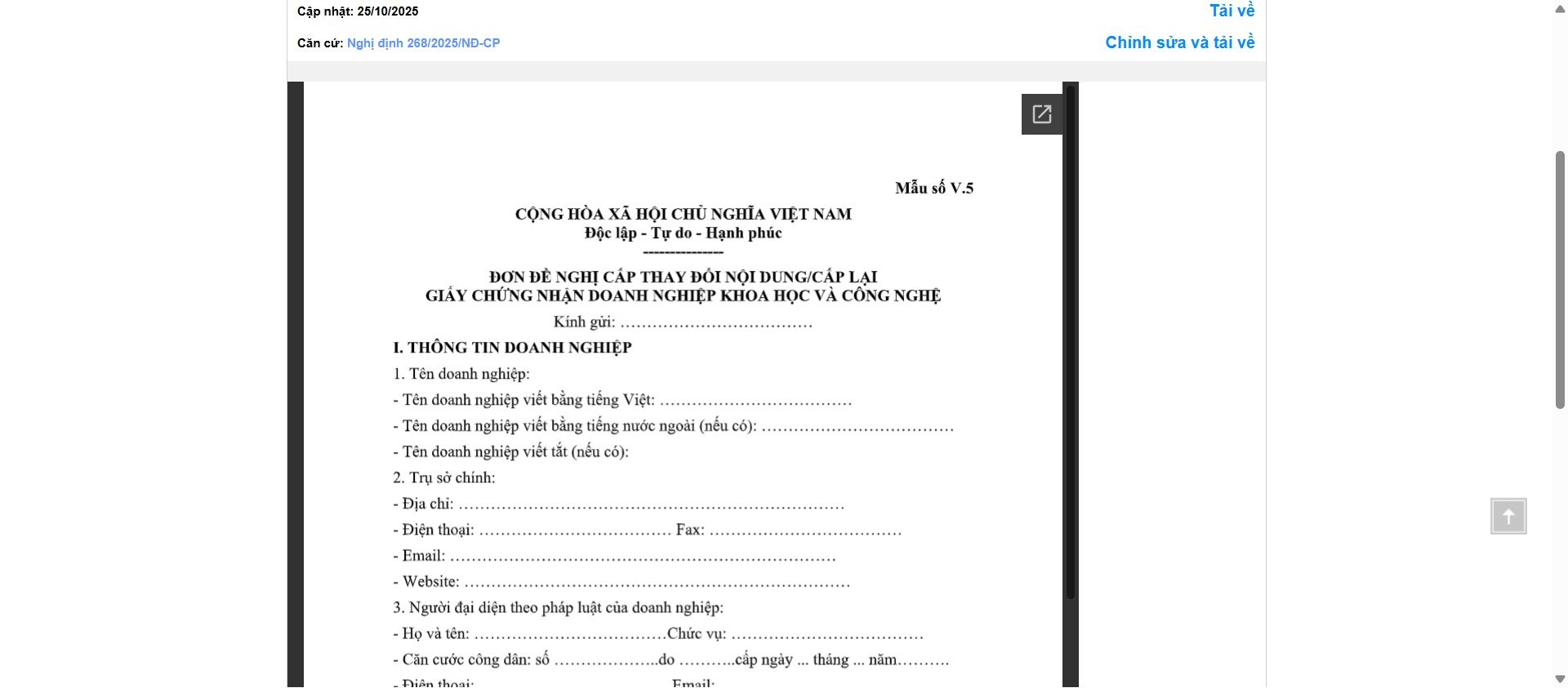 Hình ảnh xem trước Mẫu Đơn Đề Nghị Cấp Thay Đổi Nội Dung/cấp Lại Giấy Chứng Nhận Doanh Nghiệp Khoa Học Và Công Nghệ