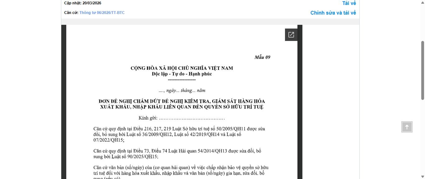 Hình ảnh xem trước Mẫu Đơn Đề Nghị Chấm Dứt Đề Nghị Kiểm Tra, Giám Sát Hàng Hóa Xuất Khẩu, Nhập Khẩu Liên Quan Đến Quyền Sở Hữu Trí Tuệ