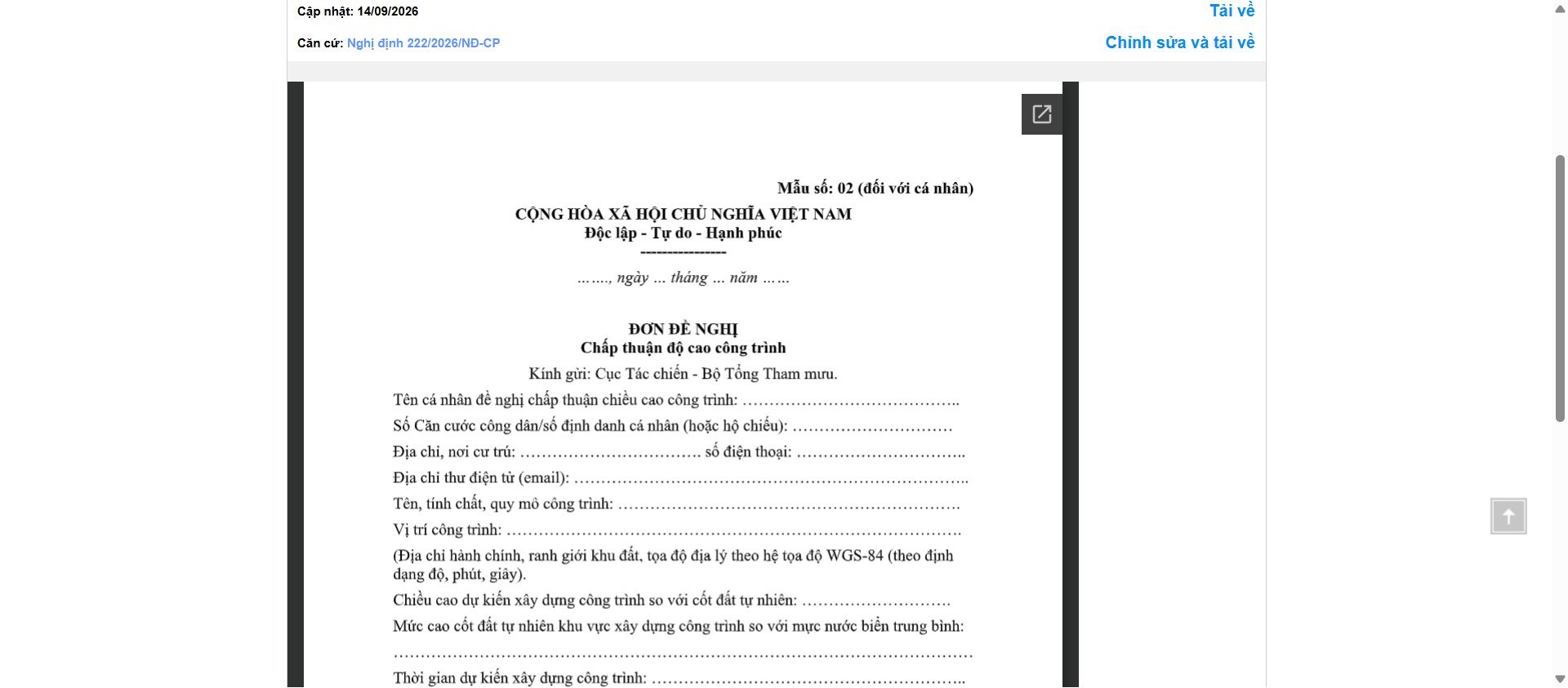 Hình ảnh xem trước Mẫu Đơn Đề Nghị Chấp Thuận Độ Cao Công Trình Đối Với Cá Nhân (Trong Quản Lý Chướng Ngại Vật Hàng Không)