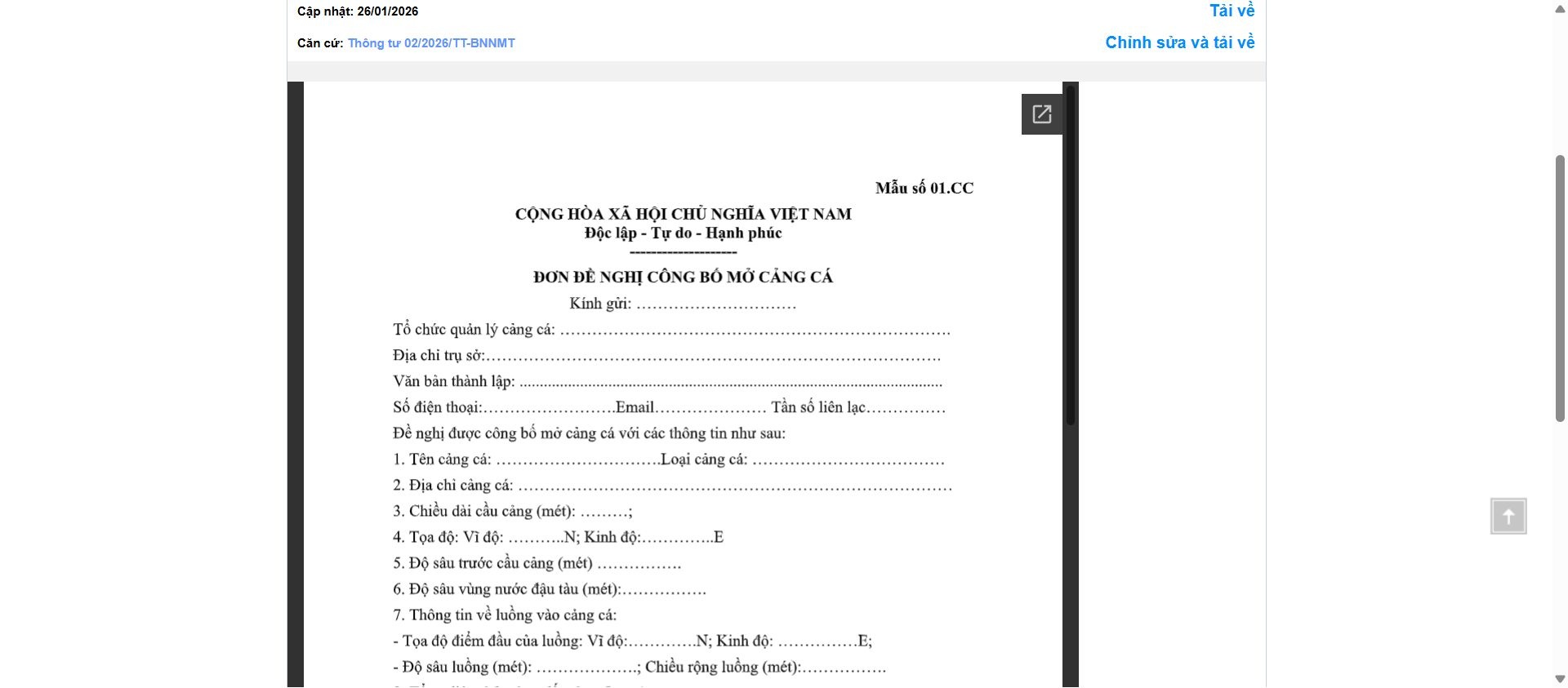 Hình ảnh xem trước Mẫu Đơn Đề Nghị Công Bố Mở Cảng Cá