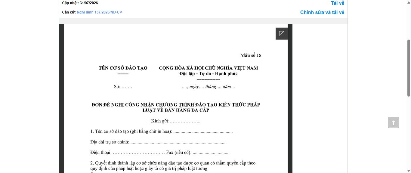 Hình ảnh xem trước Mẫu Đơn Đề Nghị Công Nhận Chương Trình Đào Tạo Kiến Thức Pháp Luật Về Bán Hàng Đa Cấp