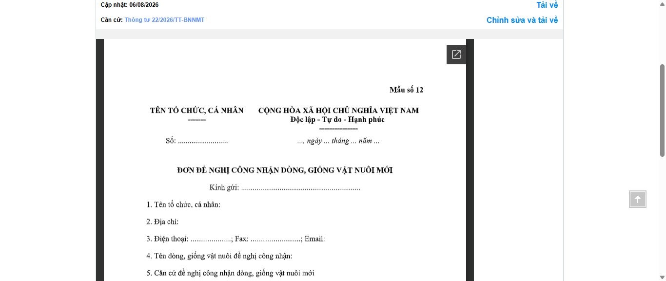 Hình ảnh xem trước Mẫu Đơn Đề Nghị Công Nhận Dòng, Giống Vật Nuôi Mới