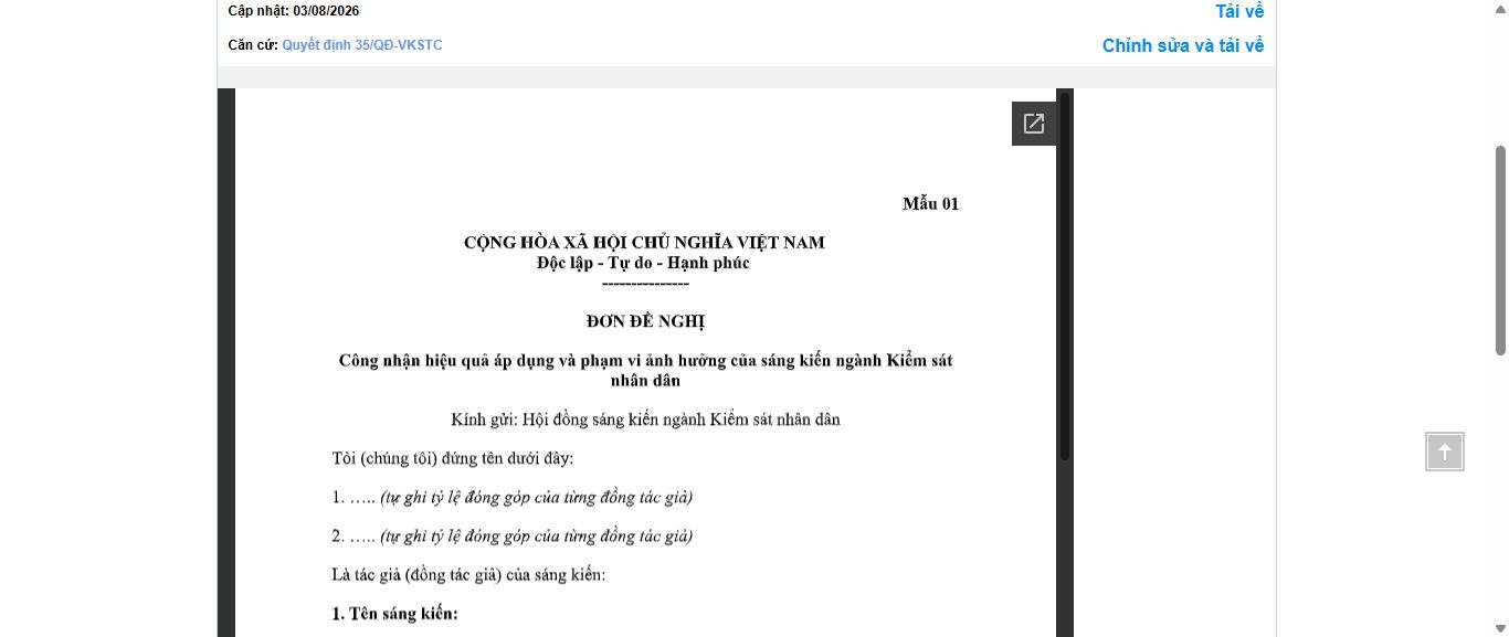 Hình ảnh xem trước Mẫu Đơn Đề Nghị Công Nhận Hiệu Quả Áp Dụng Và Phạm Vi Ảnh Hưởng Của Sáng Kiến Ngành Kiểm Sát Nhân Dân