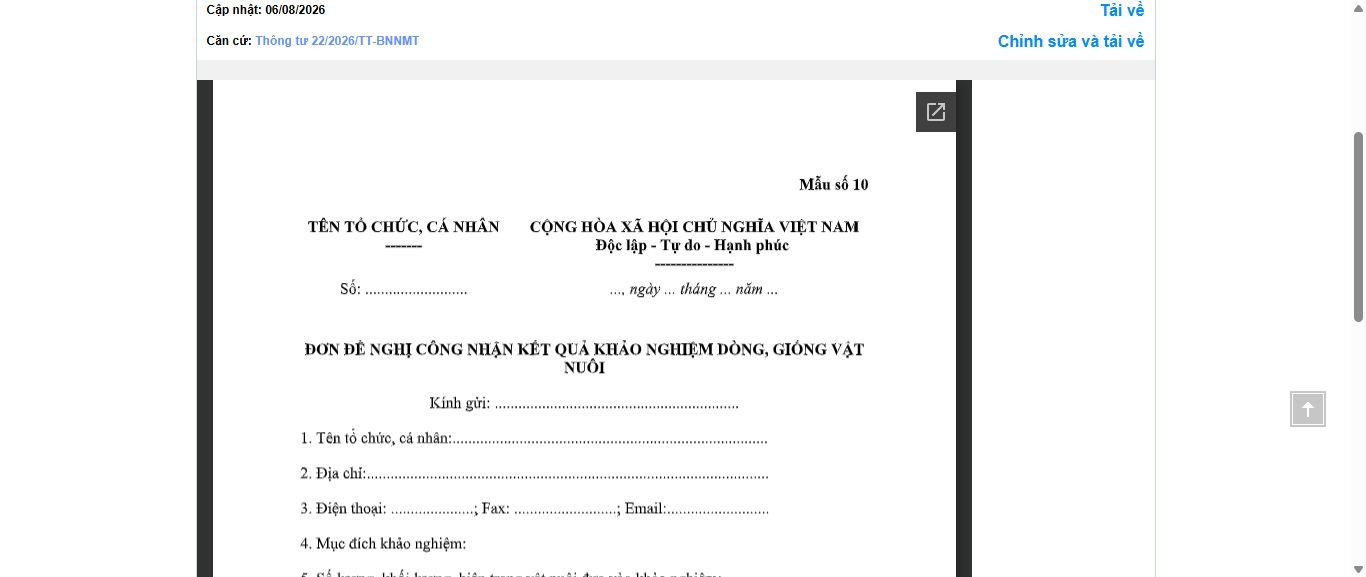 Hình ảnh xem trước Mẫu Đơn Đề Nghị Công Nhận Kết Quả Khảo Nghiệm Dòng, Giống Vật Nuôi