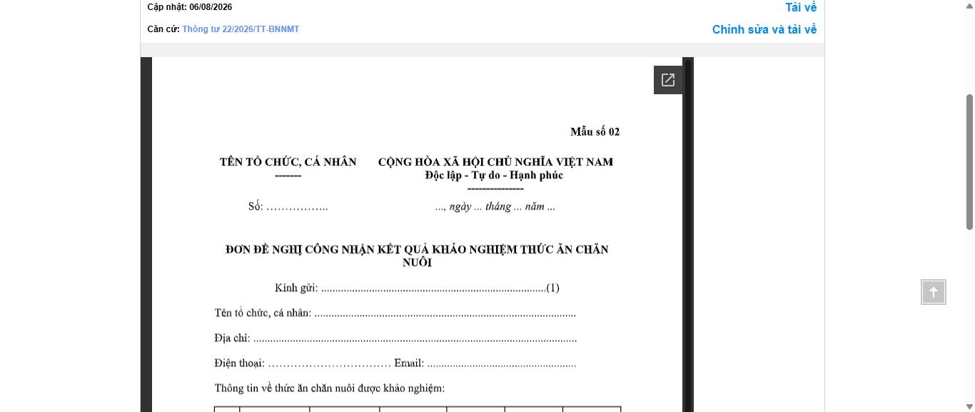 Hình ảnh xem trước Mẫu Đơn Đề Nghị Công Nhận Kết Quả Khảo Nghiệm Thức Ăn Chăn Nuôi
