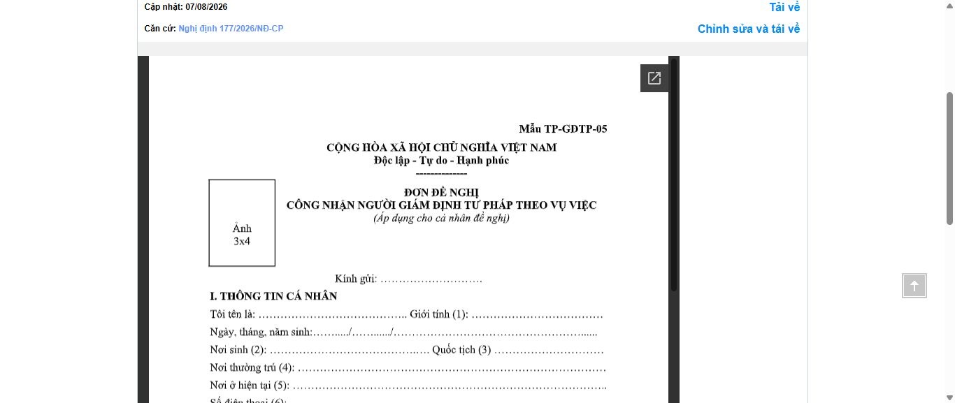 Hình ảnh xem trước Mẫu Đơn Đề Nghị Công Nhận Người Giám Định Tư Pháp Theo Vụ Việc (Áp Dụng Cho Cá Nhân Đề Nghị)