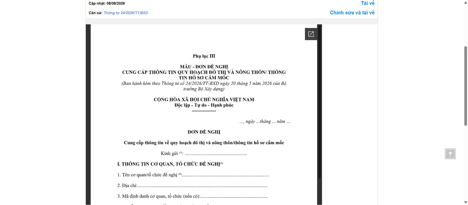 Hình ảnh xem trước Mẫu Đơn Đề Nghị Cung Cấp Thông Tin Quy Hoạch Đô Thị Và Nông Thôn/thông Tin Hồ Sơ Cắm Mốc