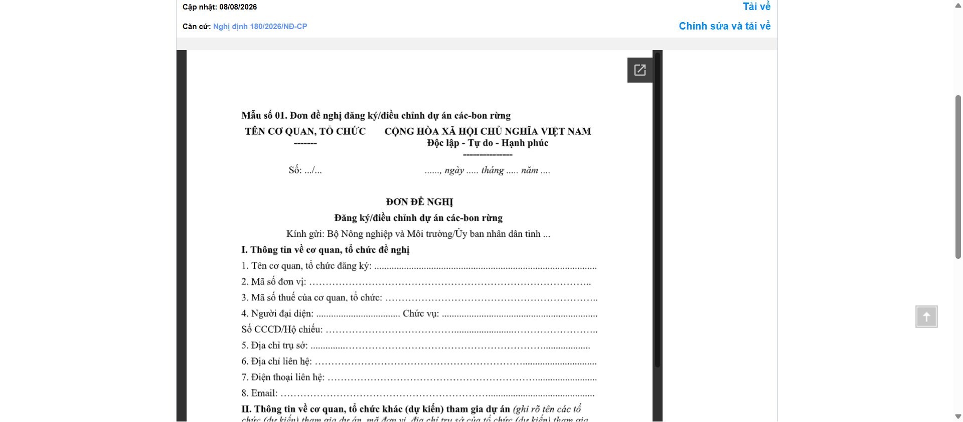 Hình ảnh xem trước Mẫu Đơn Đề Nghị Đăng Ký/điều Chỉnh Dự Án Các-bon Rừng