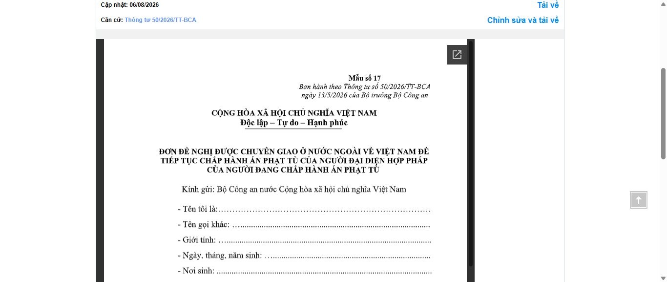 Hình ảnh xem trước Mẫu Đơn Đề Nghị Được Chuyển Giao Ở Nước Ngoài Về Việt Nam Để Tiếp Tục Chấp Hành Án Phạt Tù Của Người Đại Diện Hợp Pháp Của Người Đang Chấp Hành Án Phạt Tù