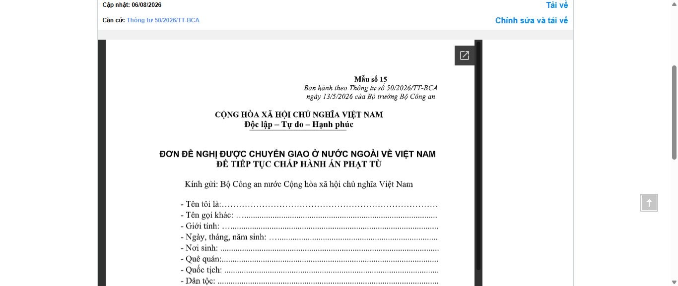 Hình ảnh xem trước Mẫu Đơn Đề Nghị Được Chuyển Giao Ở Nước Ngoài Về Việt Nam Để Tiếp Tục Chấp Hành Án Phạt Tù