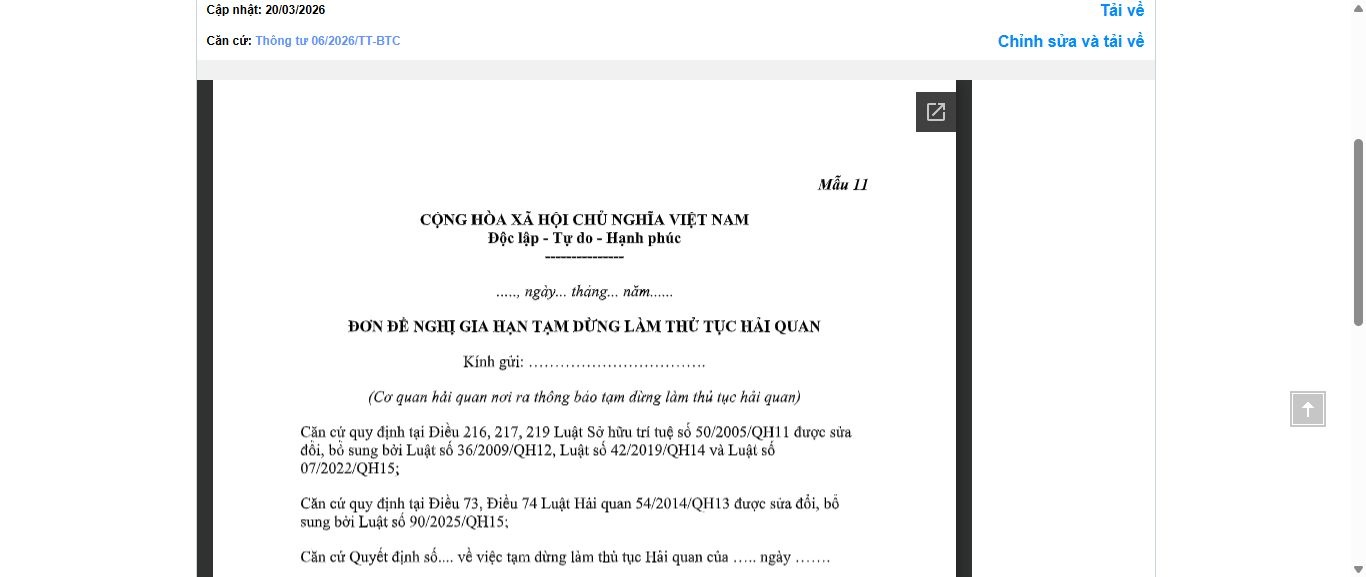 Hình ảnh xem trước Mẫu Đơn Đề Nghị Gia Hạn Tạm Dừng Làm Thủ Tục Hải Quan (Đối Với Hàng Hóa Xuất Khẩu, Nhập Khẩu Liên Quan Đến Quyền Sở Hữu Trí Tuệ)