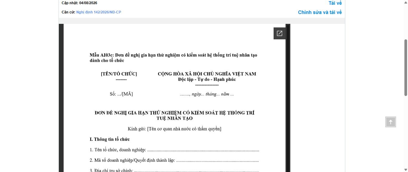 Hình ảnh xem trước Mẫu Đơn Đề Nghị Gia Hạn Thử Nghiệm Có Kiểm Soát Hệ Thống Trí Tuệ Nhân Tạo (Dành Cho Tổ Chức)