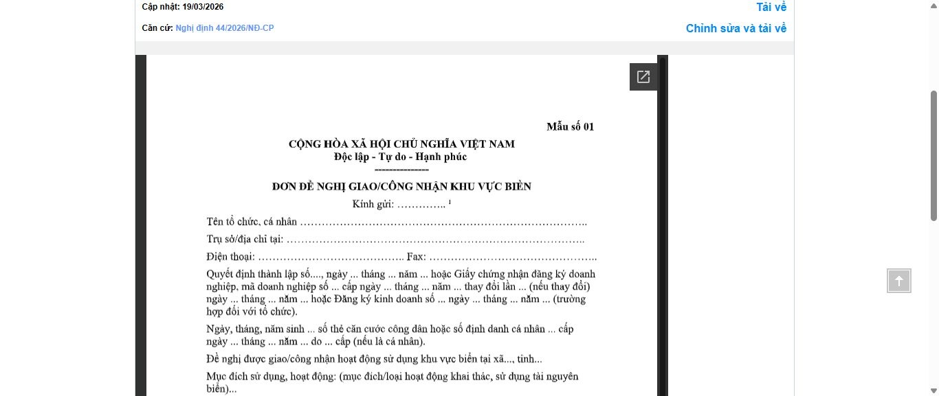Hình ảnh xem trước Mẫu Đơn Đề Nghị Giao/công Nhận Khu Vực Biển