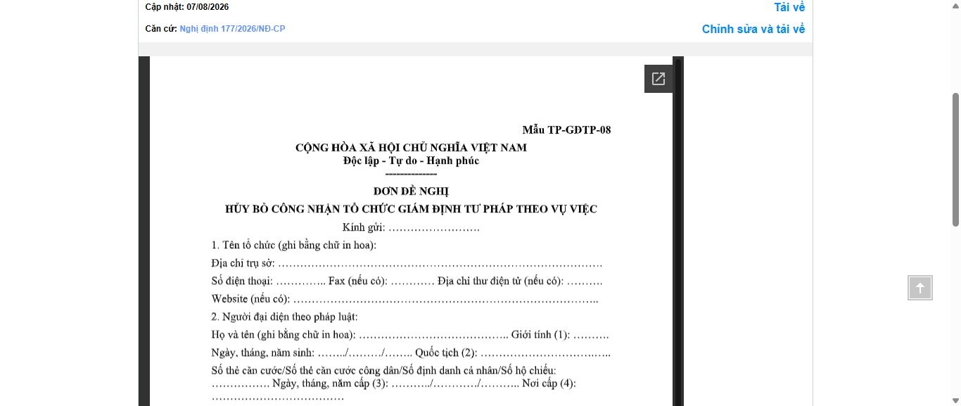 Hình ảnh xem trước Mẫu Đơn Đề Nghị Hủy Bỏ Công Nhận Tổ Chức Giám Định Tư Pháp Theo Vụ Việc