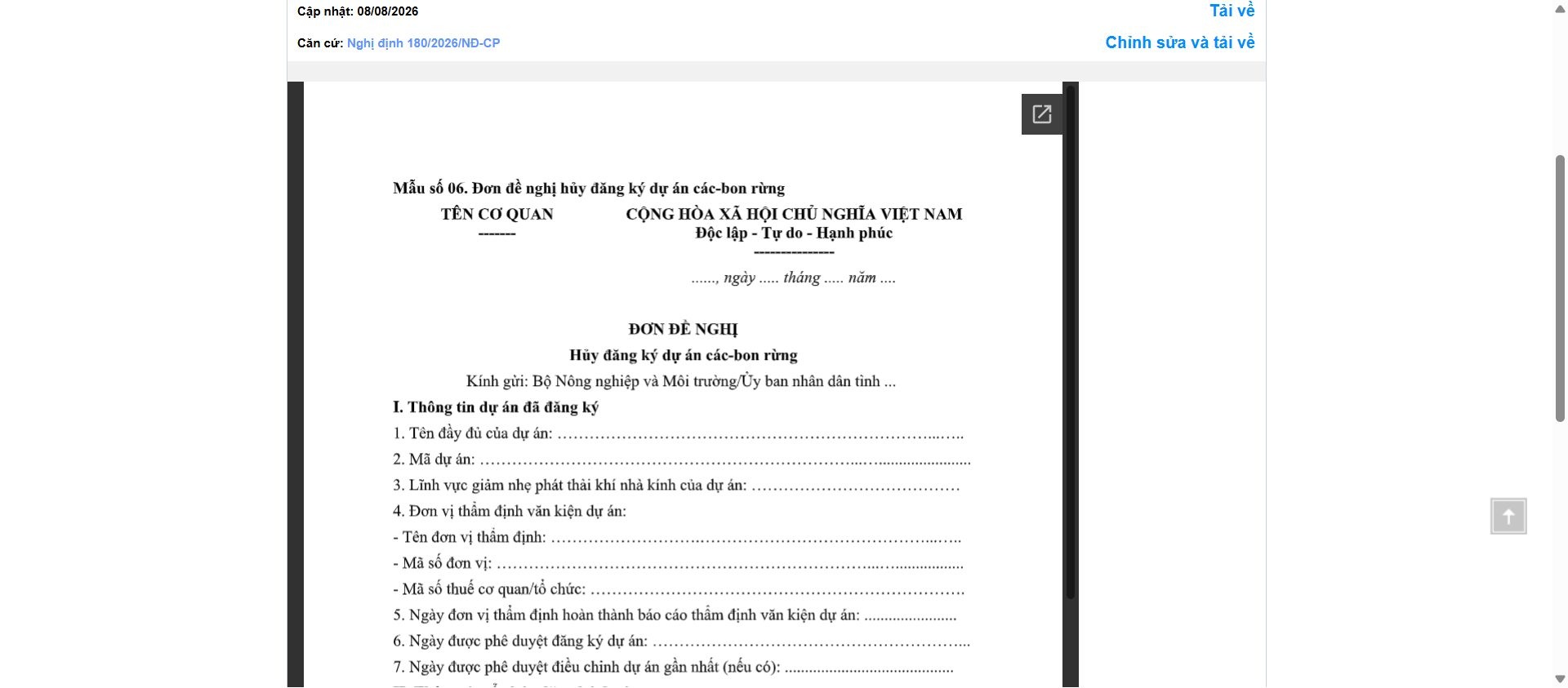 Hình ảnh xem trước Mẫu Đơn Đề Nghị Hủy Đăng Ký Dự Án Các-bon Rừng