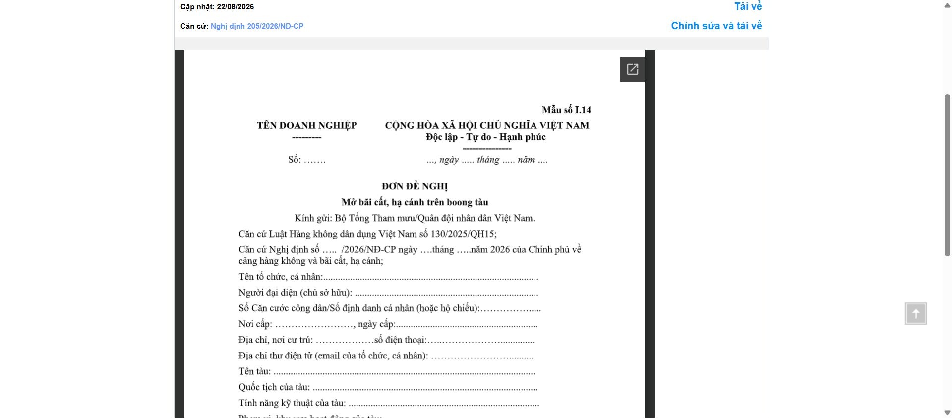 Hình ảnh xem trước Mẫu Đơn Đề Nghị Mở Bãi Cất, Hạ Cánh Trên Boong Tàu