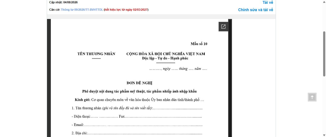 Hình ảnh xem trước Mẫu Đơn Đề Nghị Phê Duyệt Nội Dung Tác Phẩm Mỹ Thuật, Tác Phẩm Nhiếp Ảnh Nhập Khẩu
