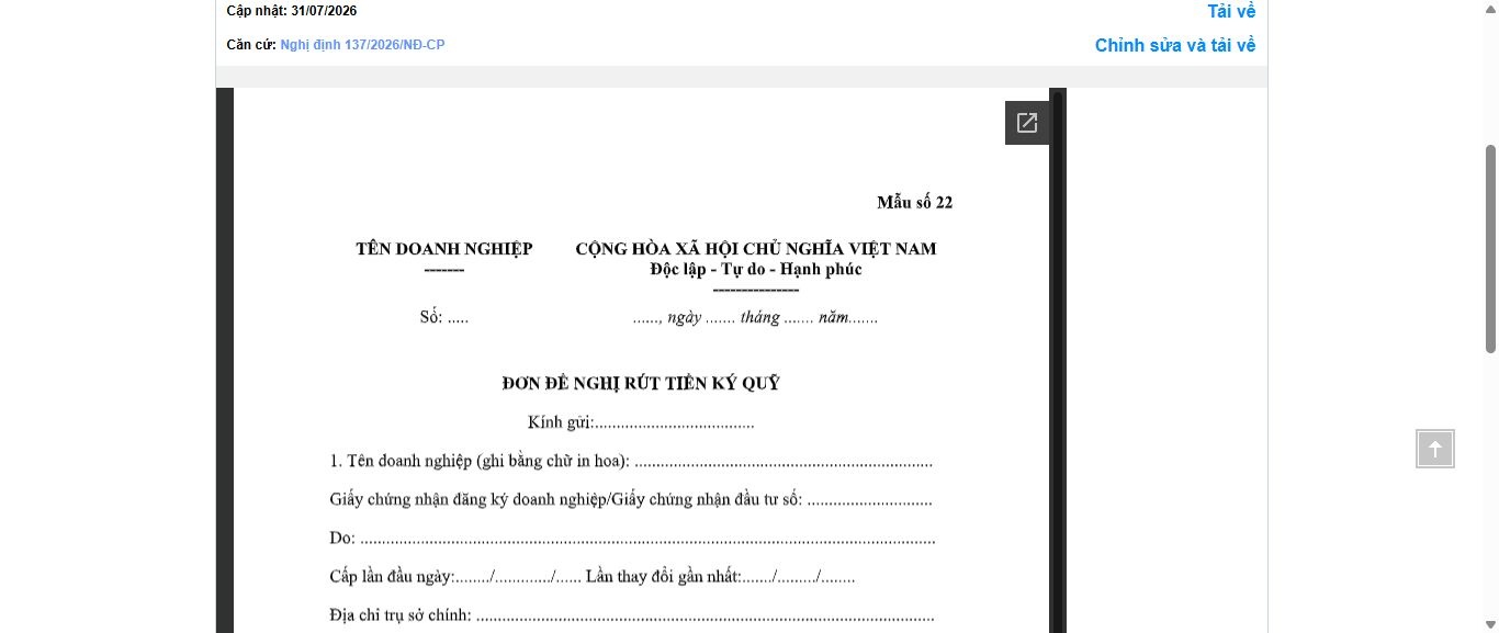 Hình ảnh xem trước Mẫu Đơn Đề Nghị Rút Tiền Ký Quỹ (Đối Với Hoạt Động Bán Hàng Đa Cấp)
