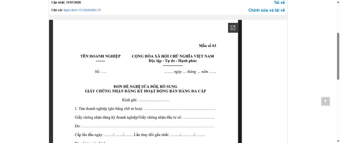 Hình ảnh xem trước Mẫu Đơn Đề Nghị Sửa Đổi, Bổ Sung Giấy Chứng Nhận Đăng Ký Hoạt Động Bán Hàng Đa Cấp