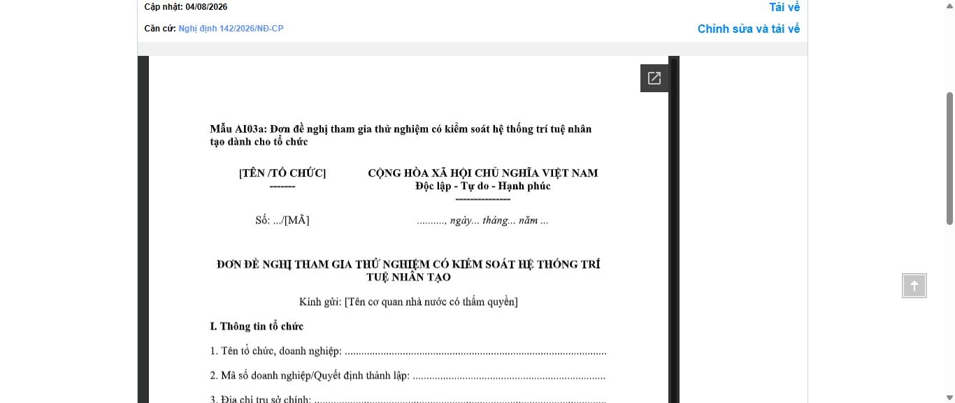 Hình ảnh xem trước Mẫu Đơn Đề Nghị Tham Gia Thử Nghiệm Có Kiểm Soát Hệ Thống Trí Tuệ Nhân Tạo (Dành Cho Tổ Chức)