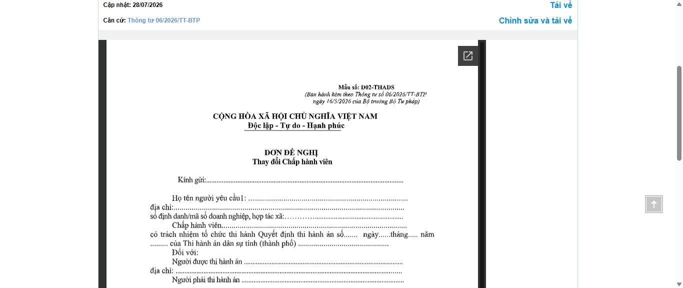 Hình ảnh xem trước Mẫu Đơn Đề Nghị Thay Đổi Chấp Hành Viên (Trong Thi Hành Án Dân Sự)
