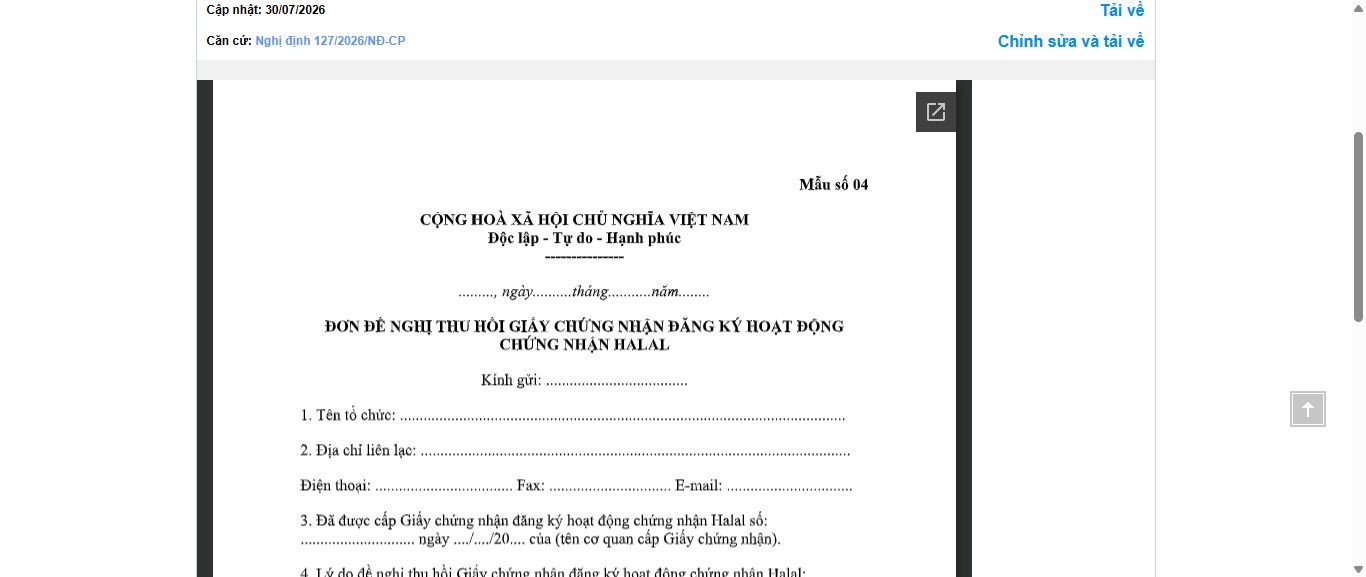 Hình ảnh xem trước Mẫu Đơn Đề Nghị Thu Hồi Giấy Chứng Nhận Đăng Ký Hoạt Động Chứng Nhận Halal