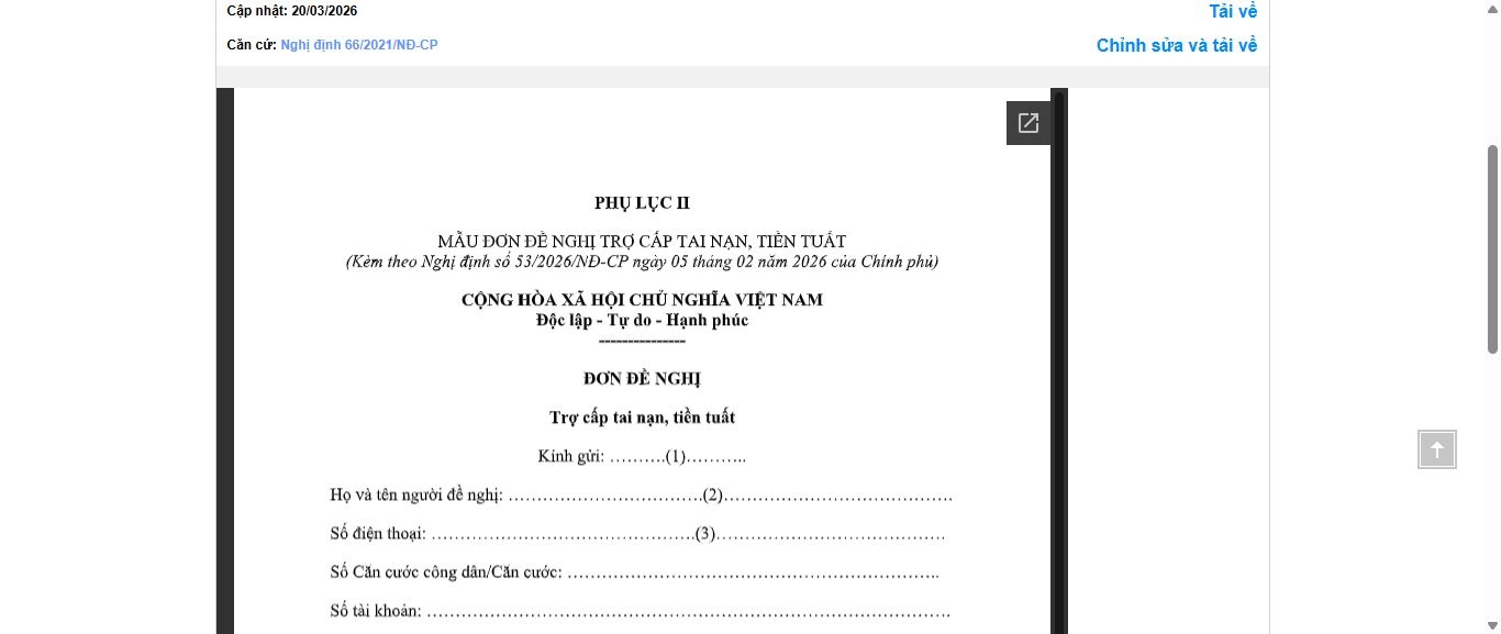 Hình ảnh xem trước Mẫu Đơn Đề Nghị Trợ Cấp Tai Nạn, Tiền Tuất (Đối Với Người Tham Gia Lực Lượng Xung Kích Phòng Chống Thiên Tai Cấp Xã)