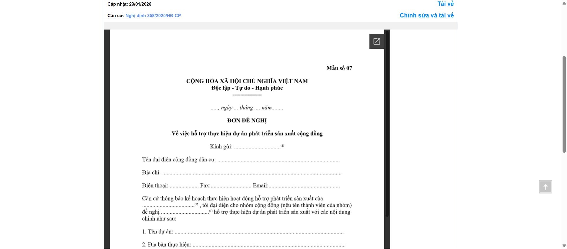 Hình ảnh xem trước Mẫu Đơn Đề Nghị Về Việc Hỗ Trợ Thực Hiện Dự Án Phát Triển Sản Xuất Cộng Đồng