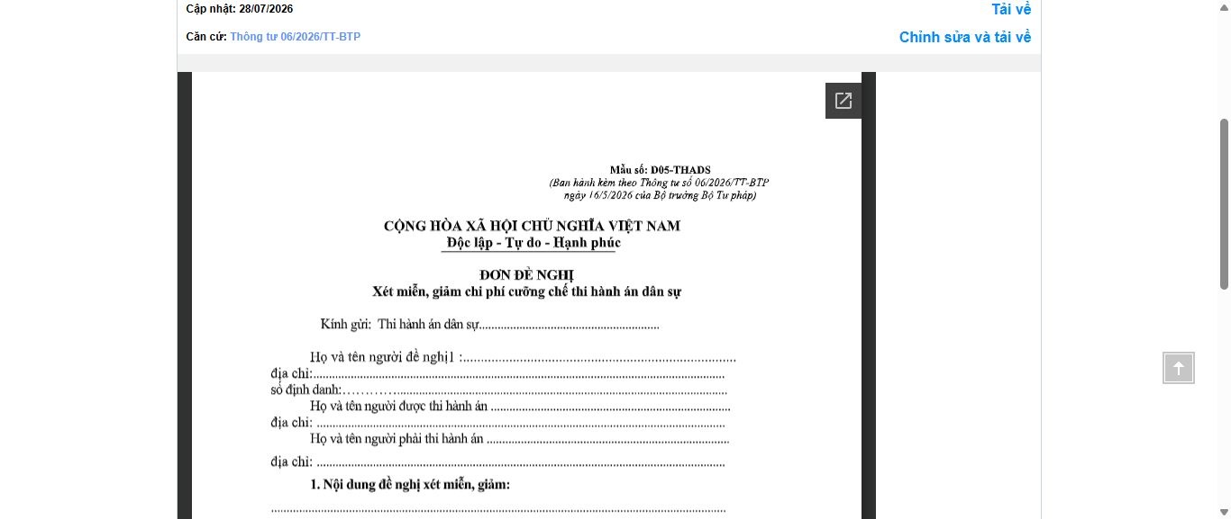 Hình ảnh xem trước Mẫu Đơn Đề Nghị Xét Miễn, Giảm Chi Phí Cưỡng Chế Thi Hành Án Dân Sự