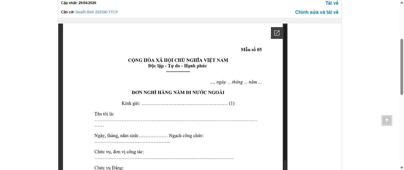 Hình ảnh xem trước Mẫu Đơn Nghỉ Hằng Năm Đi Nước Ngoài Đối Với Công Chức, Viên Chức Và Người Lao Động Thuộc Thanh Tra Chính Phủ