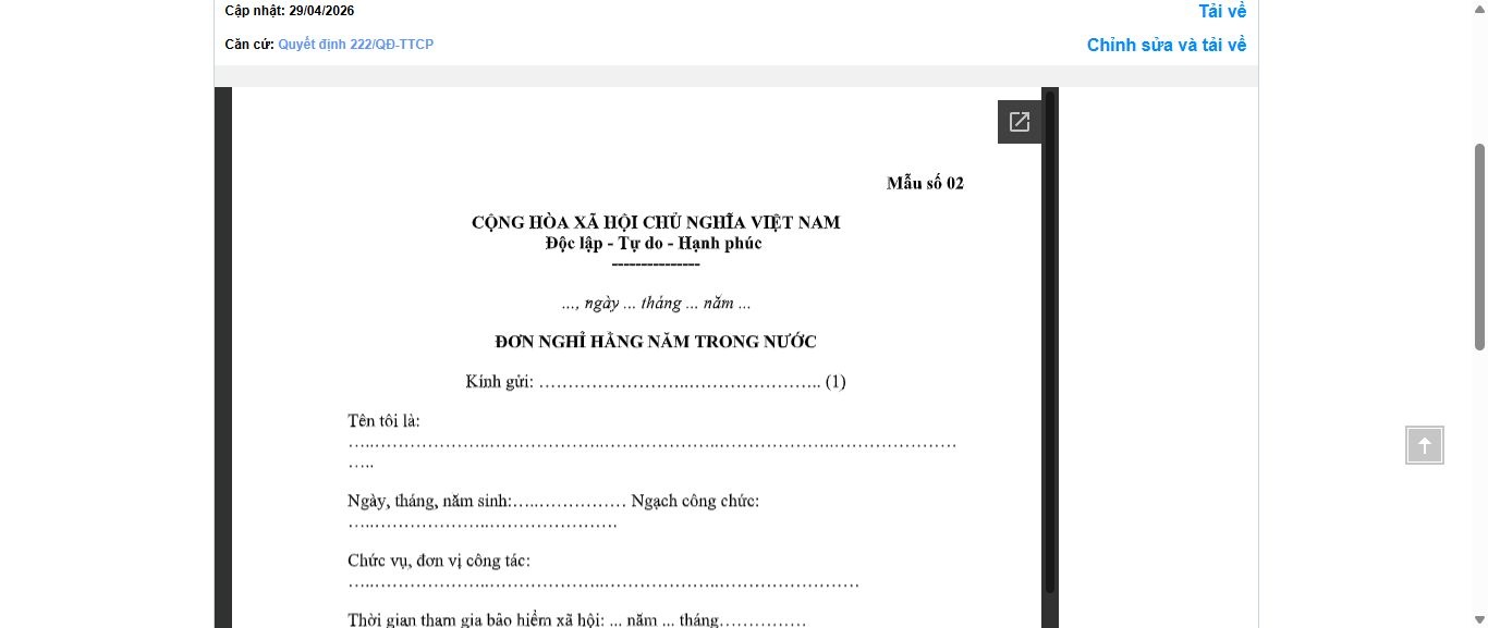 Hình ảnh xem trước Mẫu Đơn Nghỉ Hằng Năm Trong Nước Đối Với Công Chức, Viên Chức Và Người Lao Động Thuộc Thanh Tra Chính Phủ