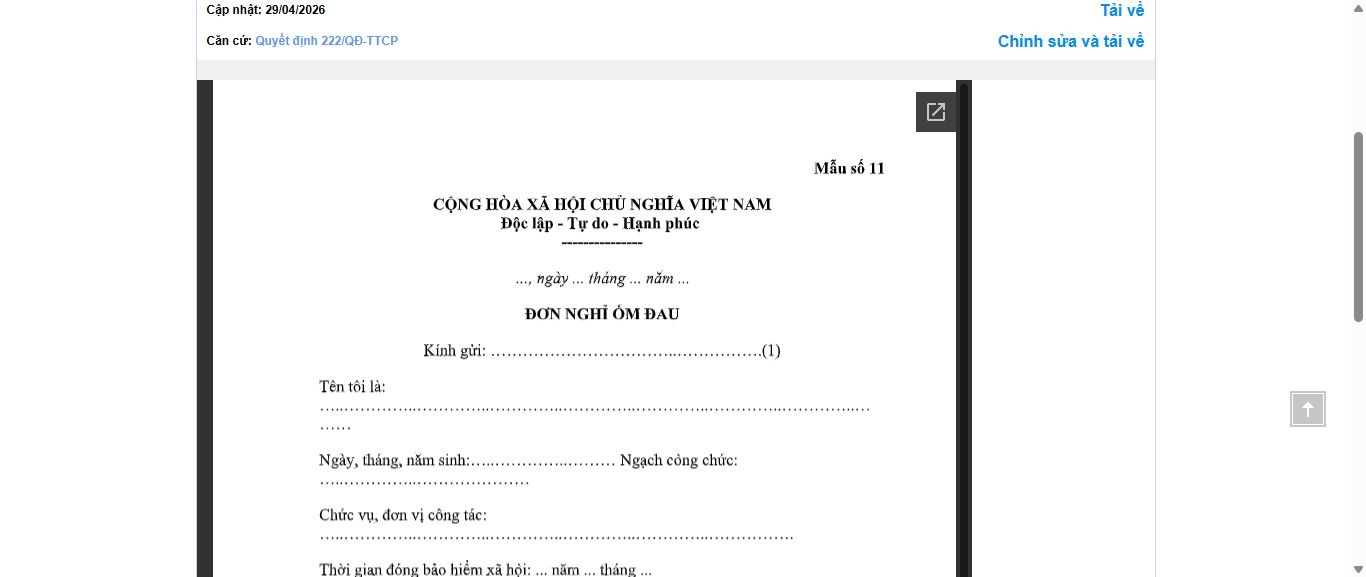 Hình ảnh xem trước Mẫu Đơn Nghỉ Ốm Đau Đối Với Công Chức, Viên Chức Và Người Lao Động Thuộc Thanh Tra Chính Phủ