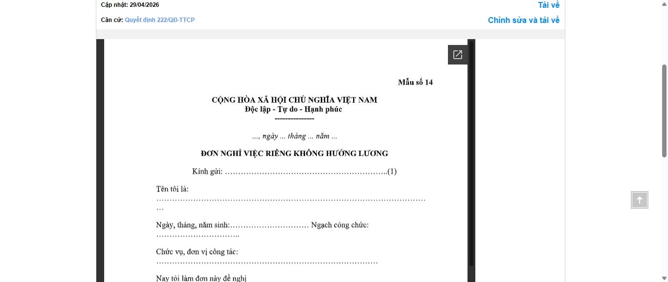 Hình ảnh xem trước Mẫu Đơn Nghỉ Việc Riêng Không Hưởng Lương Đối Với Công Chức, Viên Chức Và Người Lao Động Thuộc Thanh Tra Chính Phủ