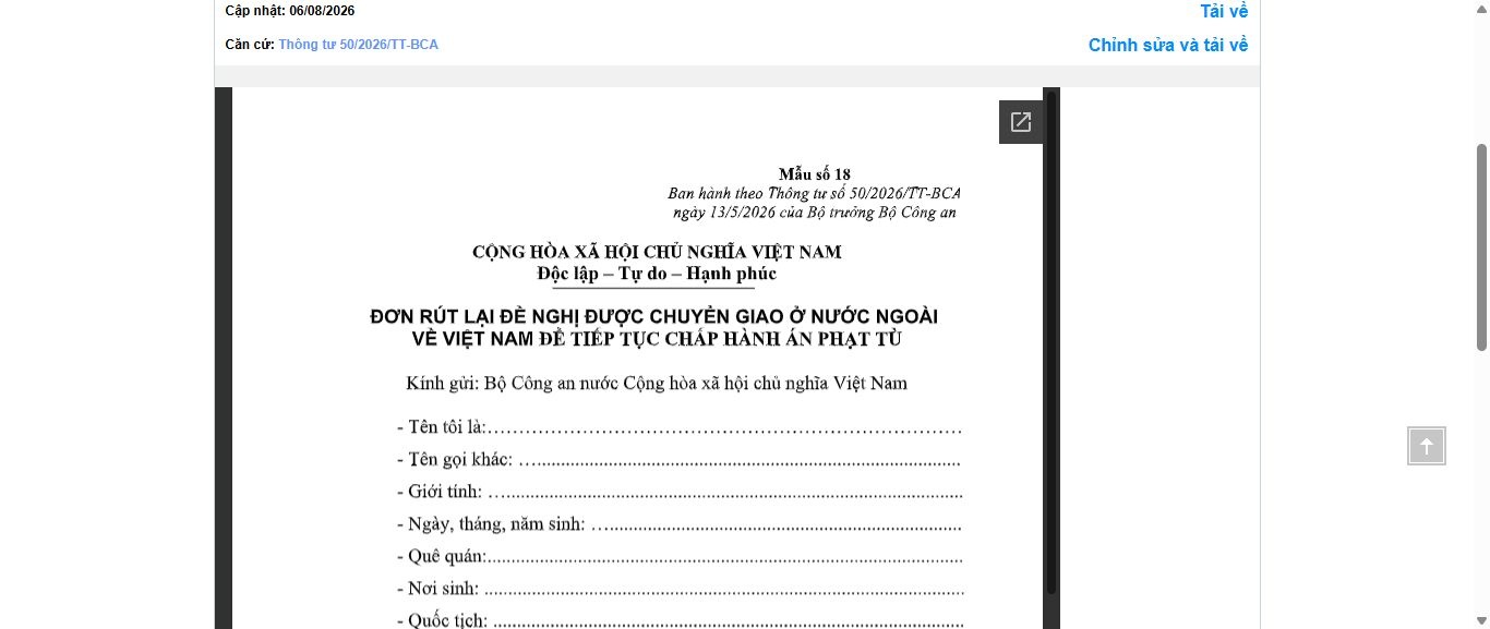 Hình ảnh xem trước Mẫu Đơn Rút Lại Đề Nghị Được Chuyển Giao Ở Nước Ngoài Về Việt Nam Để Tiếp Tục Chấp Hành Án Phạt Tù