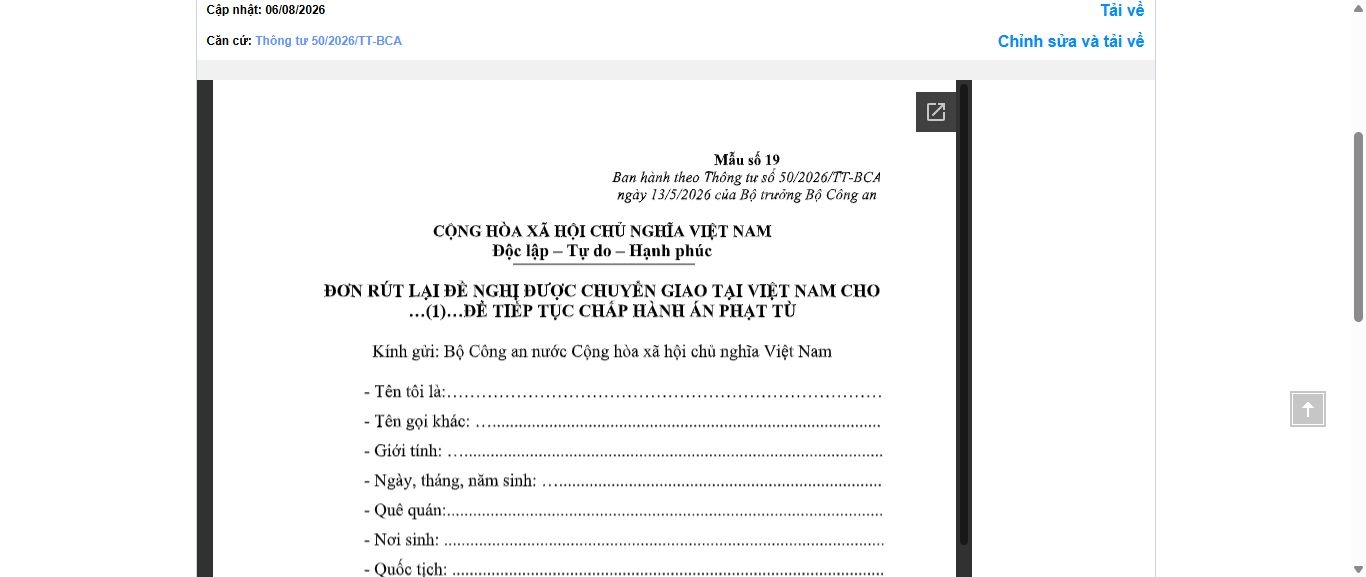 Hình ảnh xem trước Mẫu Đơn Rút Lại Đề Nghị Được Chuyển Giao Tại Việt Nam Cho Nước Ngoài Để Tiếp Tục Chấp Hành Án Phạt Tù