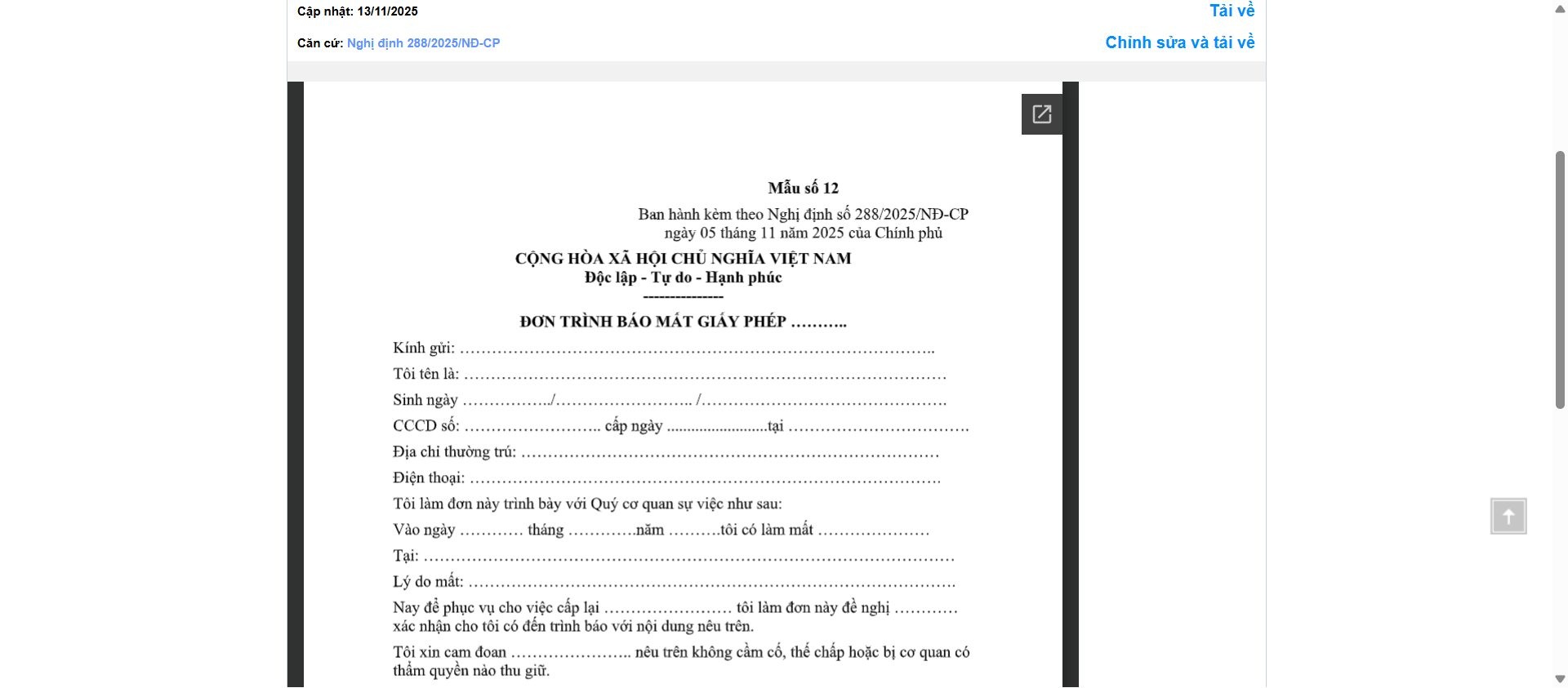 Hình ảnh xem trước Mẫu Đơn Trình Báo Mất Giấy Phép (Trong Quản Lý Tàu Bay Không Người Lái Và Phương Tiện Bay Khác)