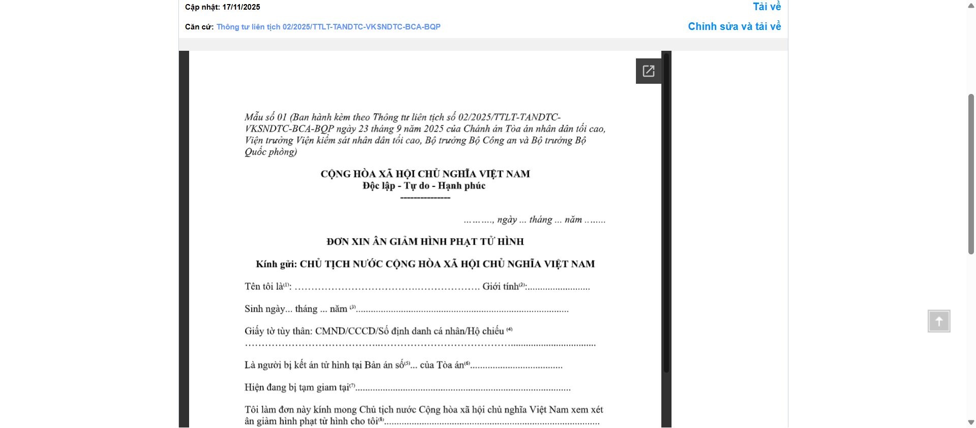 Hình ảnh xem trước Mẫu Đơn Xin Ân Giảm Hình Phạt Tử Hình