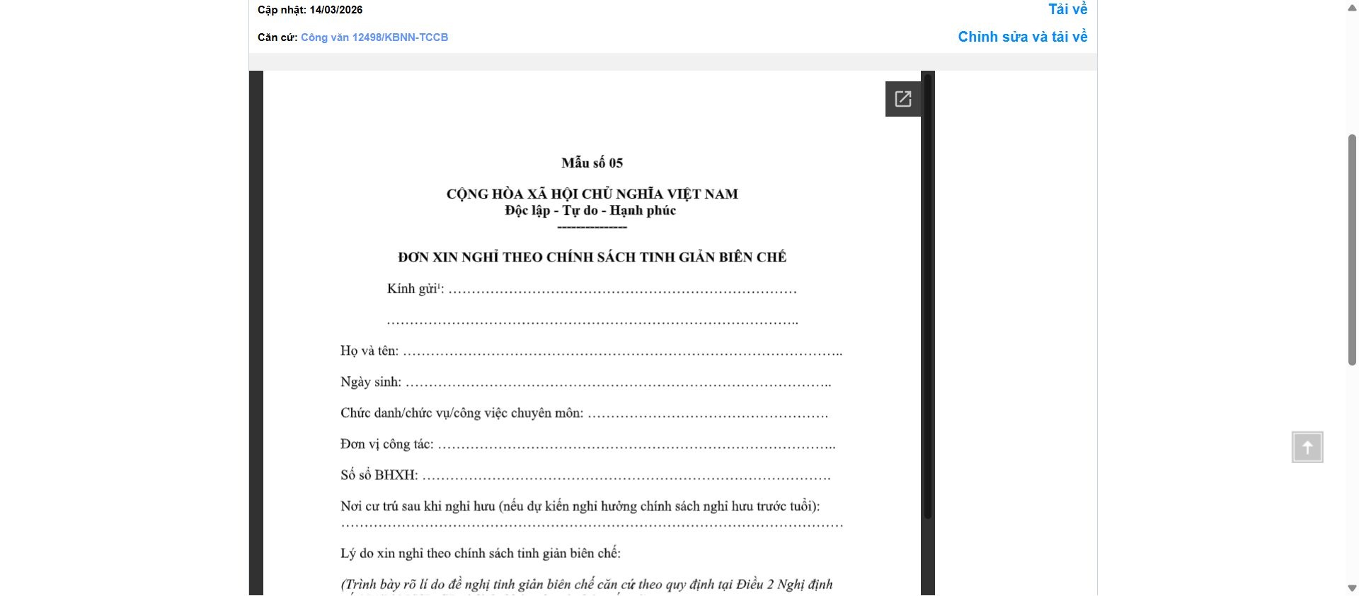 Hình ảnh xem trước Mẫu Đơn Xin Nghỉ Theo Chính Sách Tinh Giản Biên Chế Của Kho Bạc Nhà Nước