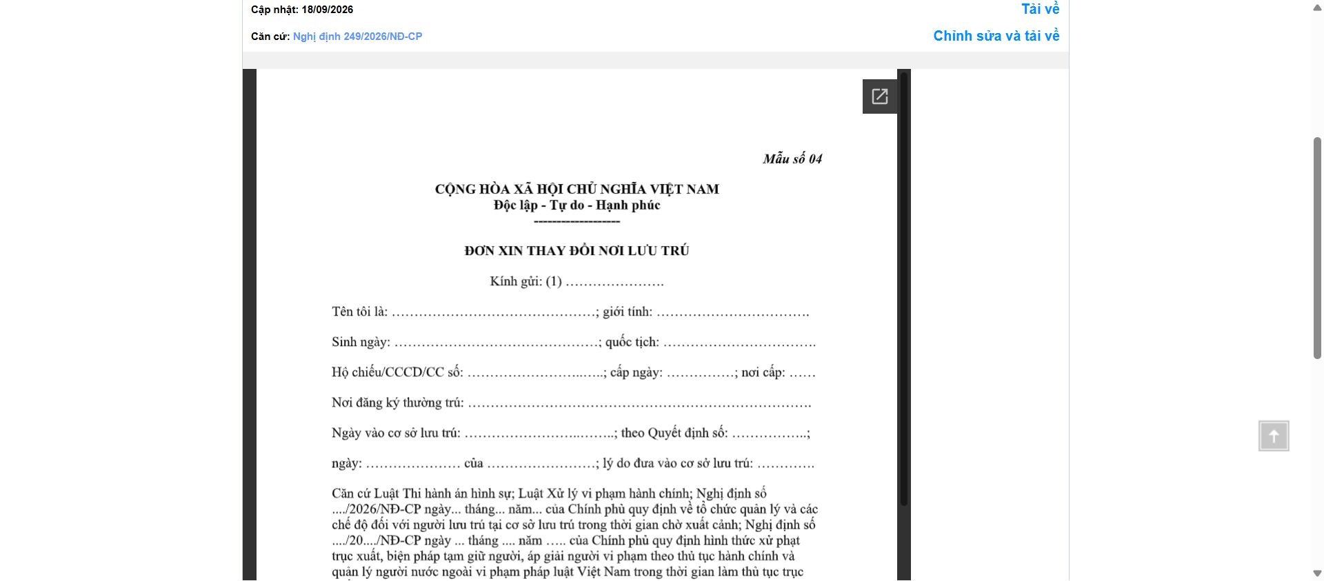 Hình ảnh xem trước Mẫu Đơn Xin Thay Đổi Nơi Lưu Trú (Đối Với Người Chấp Hành Án Phạt Trục Xuất Tại Cơ Sở Lưu Trú Trong Thời Gian Chờ Xuất Cảnh)