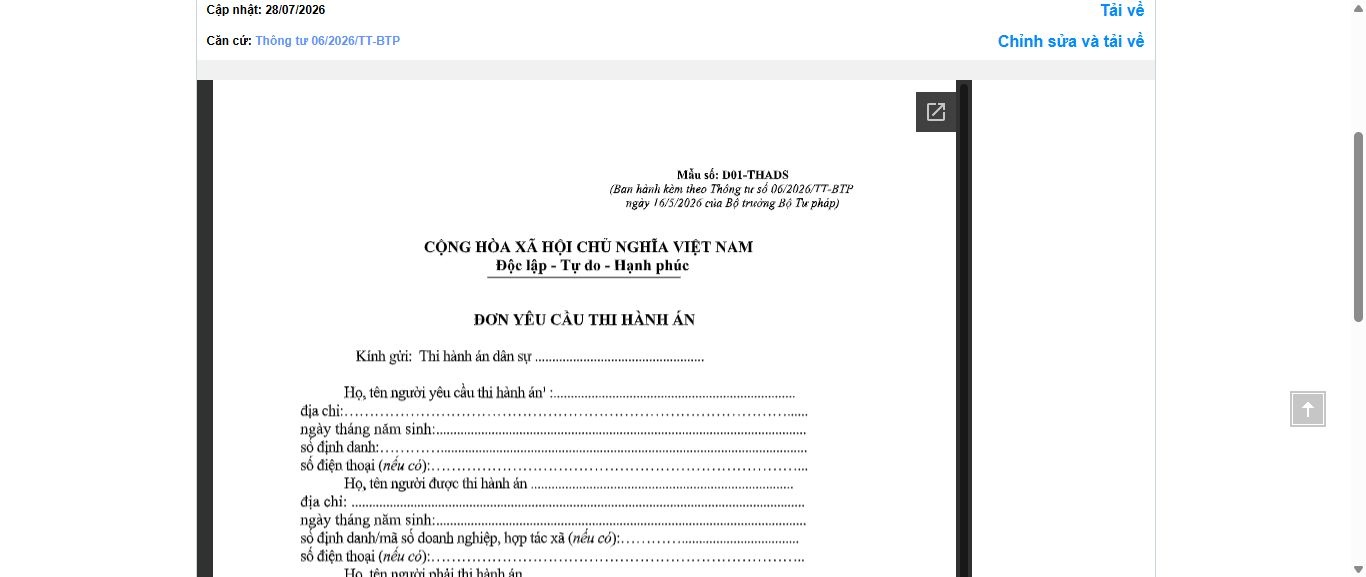 Hình ảnh xem trước Mẫu Đơn Yêu Cầu Thi Hành Án Dân Sự