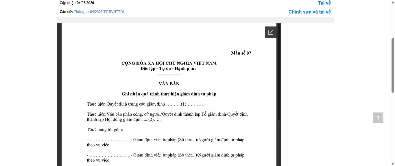 Hình ảnh xem trước Mẫu Văn Bản Ghi Nhận Quá Trình Thực Hiện Giám Định Tư Pháp Của Bộ Văn Hóa, Thể Thao Và Du Lịch